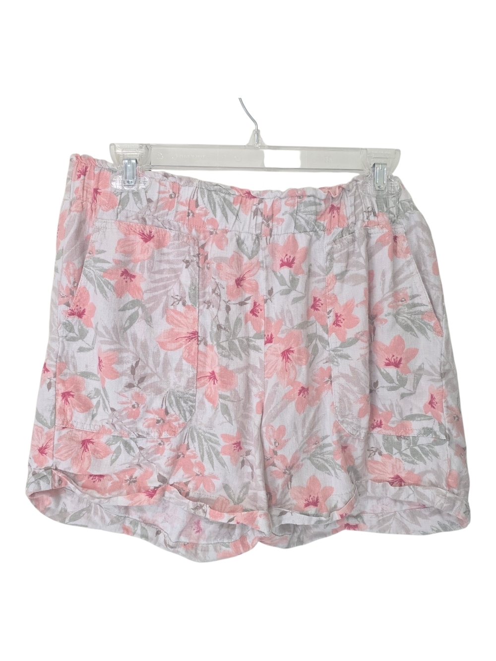 Linen Blend Floral Pink Elastic-Waist Women’s Shorts Pockets Summer Large Casual